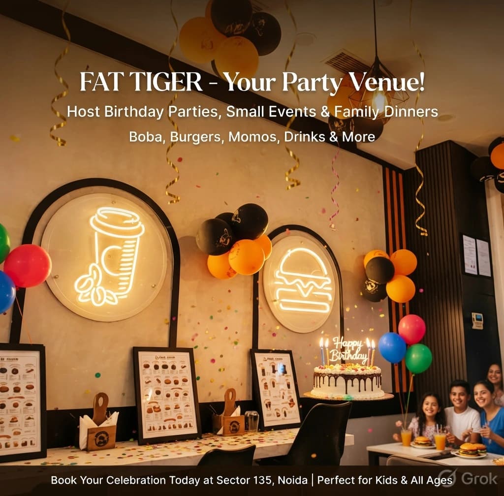 Fat Tiger restaurant interior — neon art walls, orange lighting and cozy seating in Sector 135 Noida