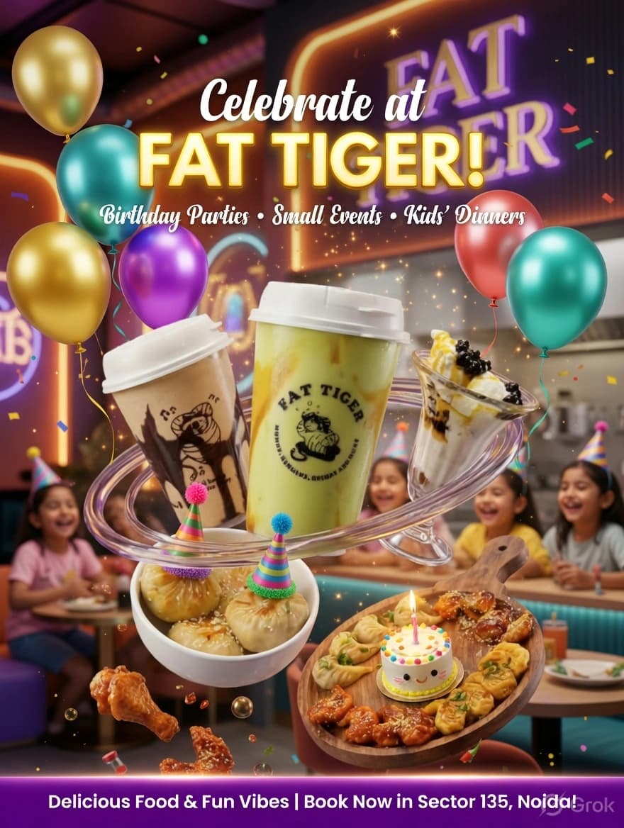 Fat Tiger full party spread — boba drinks, steamed momos and crispy chicken wings